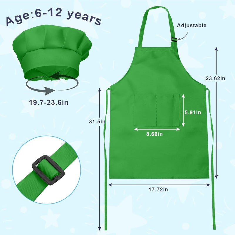 IAGBIBUI Kids Apron and Chef Hat Set, 24 Pieces Boys Girls Kids Apron with 2 Pockets Adjustable for Cooking Classroom Baking Painting, 6-13 Years, Bright Color - Image 2